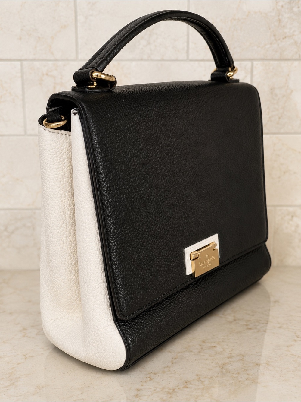 kate spade Black and Cream Pebbled Leather Top-Handle Satchel View 3